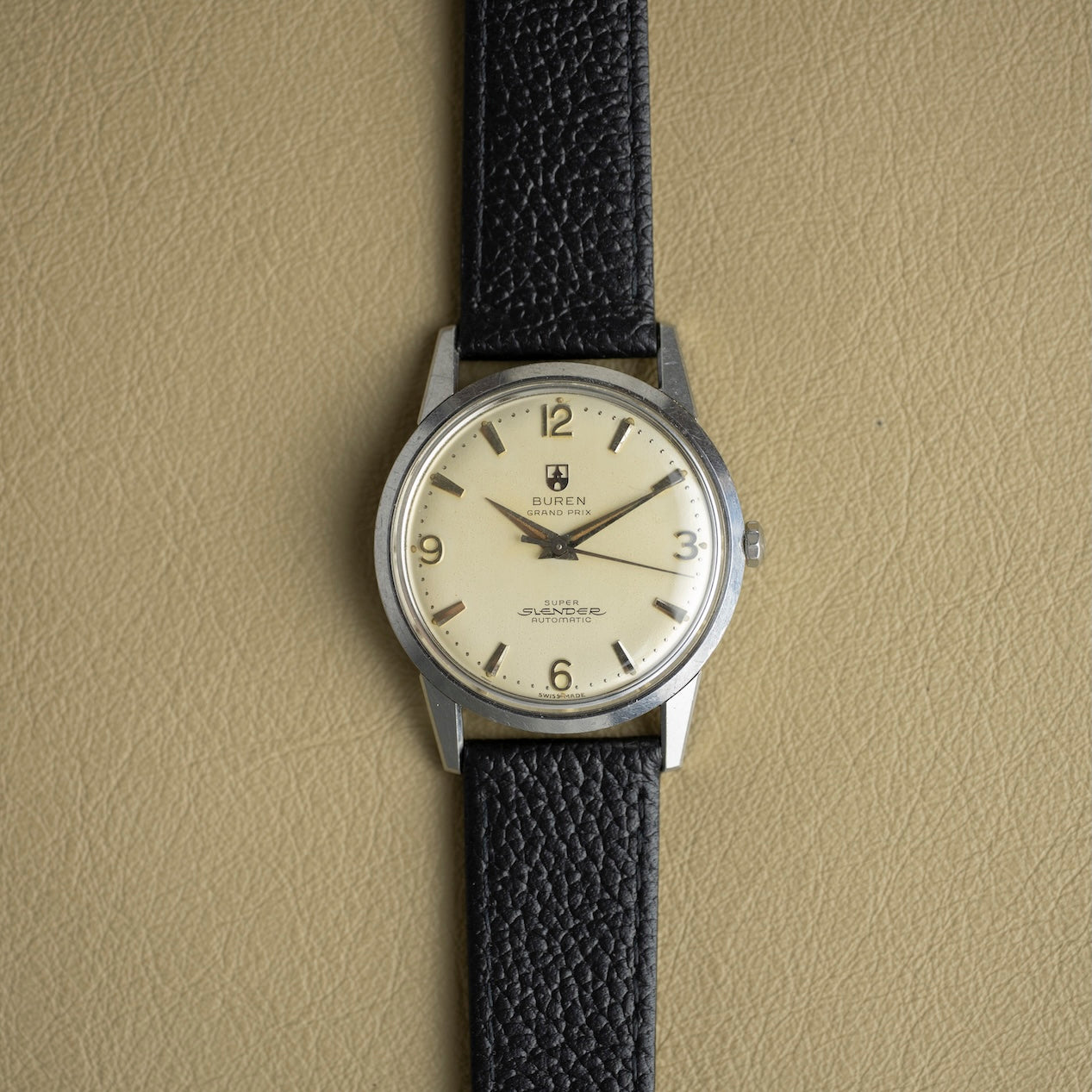 Büren Grand Prix Super-Slender automatic, front view, steel vintage watch