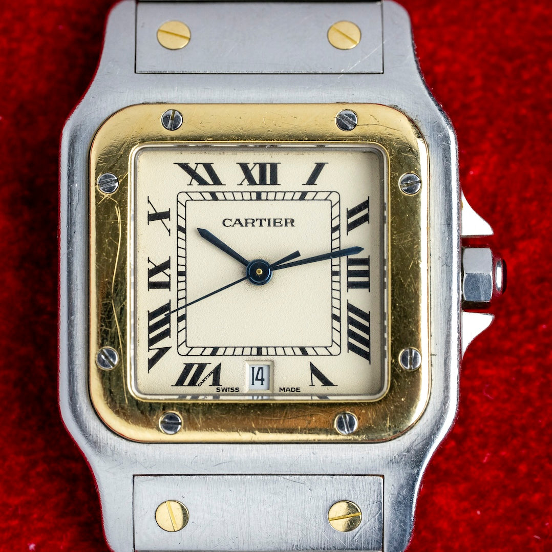 Cadran crème à chiffres romains de la Cartier Santos Galbée, date à 6 heures, montre vintage
