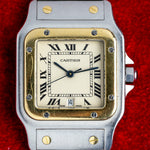 Cadran crème à chiffres romains de la Cartier Santos Galbée, date à 6 heures, montre vintage