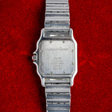 Fond de boîte en acier gravé de la Cartier Santos Galbée 187901, montre vintage