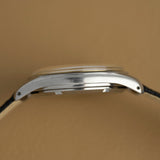 Left profile of the steel case of the 1952 Omega Jumbo, vintage watch