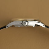 Crown-side profile of the 36 mm steel case of the Omega Jumbo 2639-12, antique watch