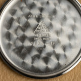 Inside of the Omega 2639-12 caseback, hallmarks and reference, vintage watch