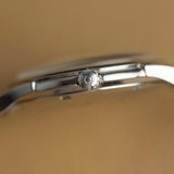 Perfil del lado de la corona de la caja de acero del Omega Constellation 1963, reloj vintage