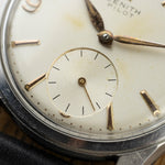 Small seconds at 6 o'clock and gold indexes on the Zenith Pilot dial, vintage watch