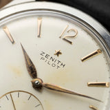 Zenith star logo and Pilot text on the patinated cream dial, vintage watch