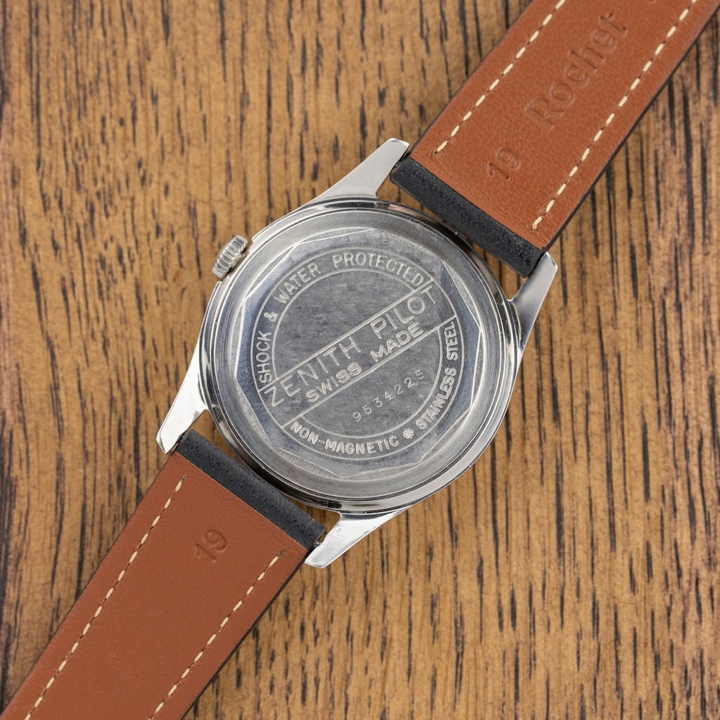 Zenith Pilot engraved caseback on brown leather strap, vintage watch