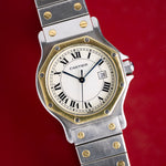 Cadran crème à chiffres romains de la Cartier Santos Octogonale, date à 3 heures, montre ancienne